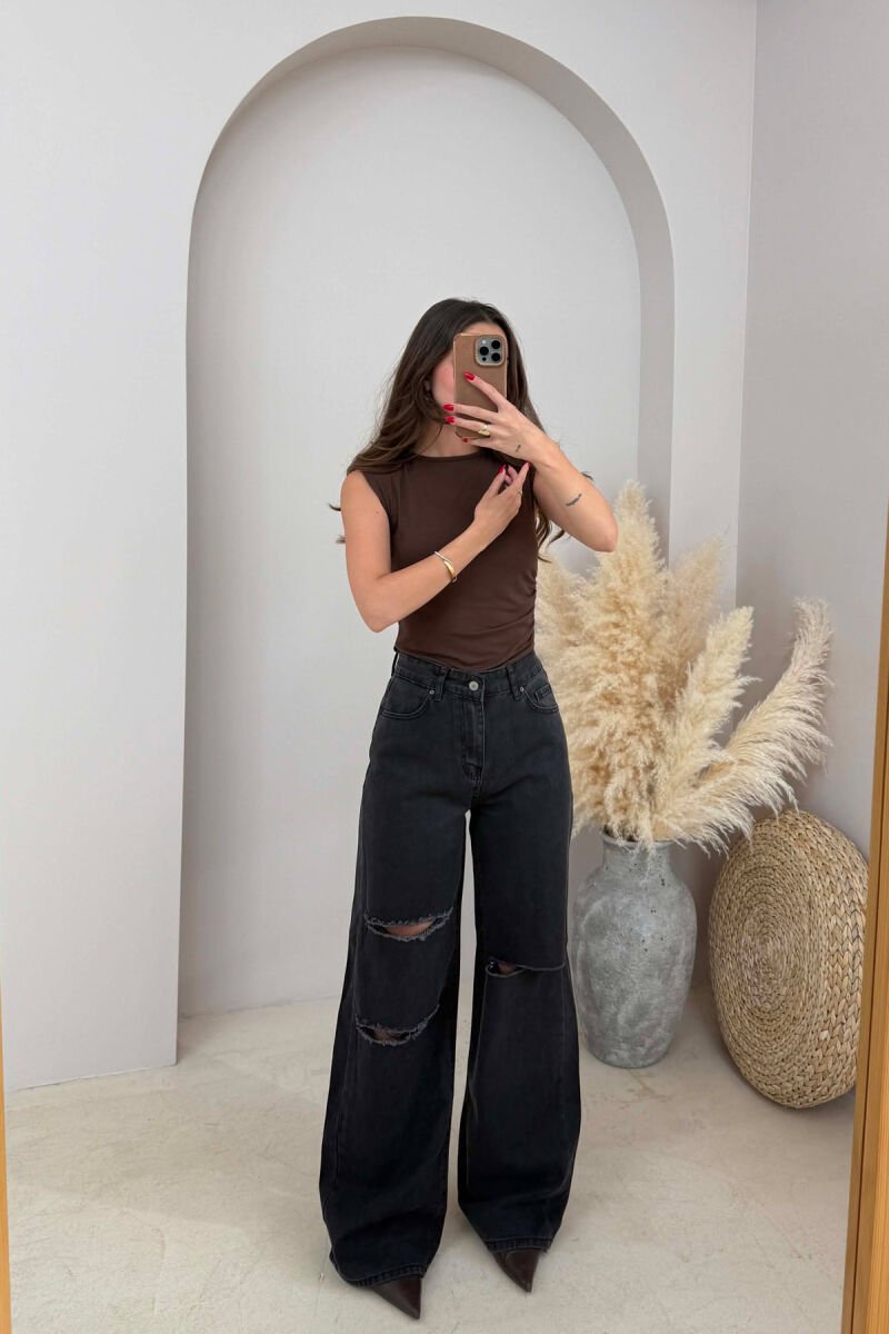 ONE COLOR RIPPED WOMAN JEANS BLACK/ E ZEZE - 2
