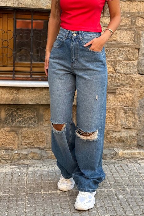 ONE COLOR RIPPED WOMAN JEANS BLUE/BLU - 3