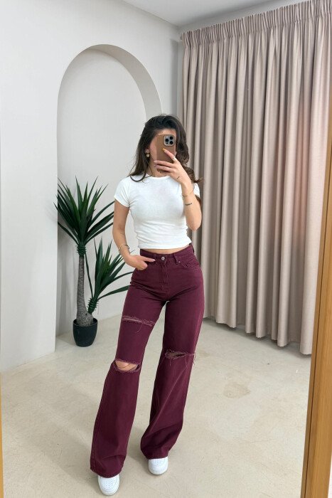 ONE COLOR RIPPED WOMAN JEANS DARK BURGUNDY/VISHNJE E ERRET - KLAUDIO FASHION