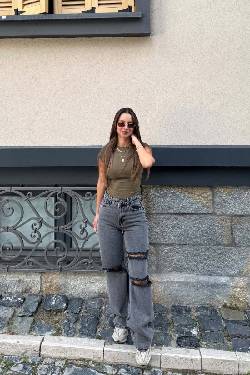 ONE COLOR RIPPED WOMAN JEANS DARK GREY/GEE - 2