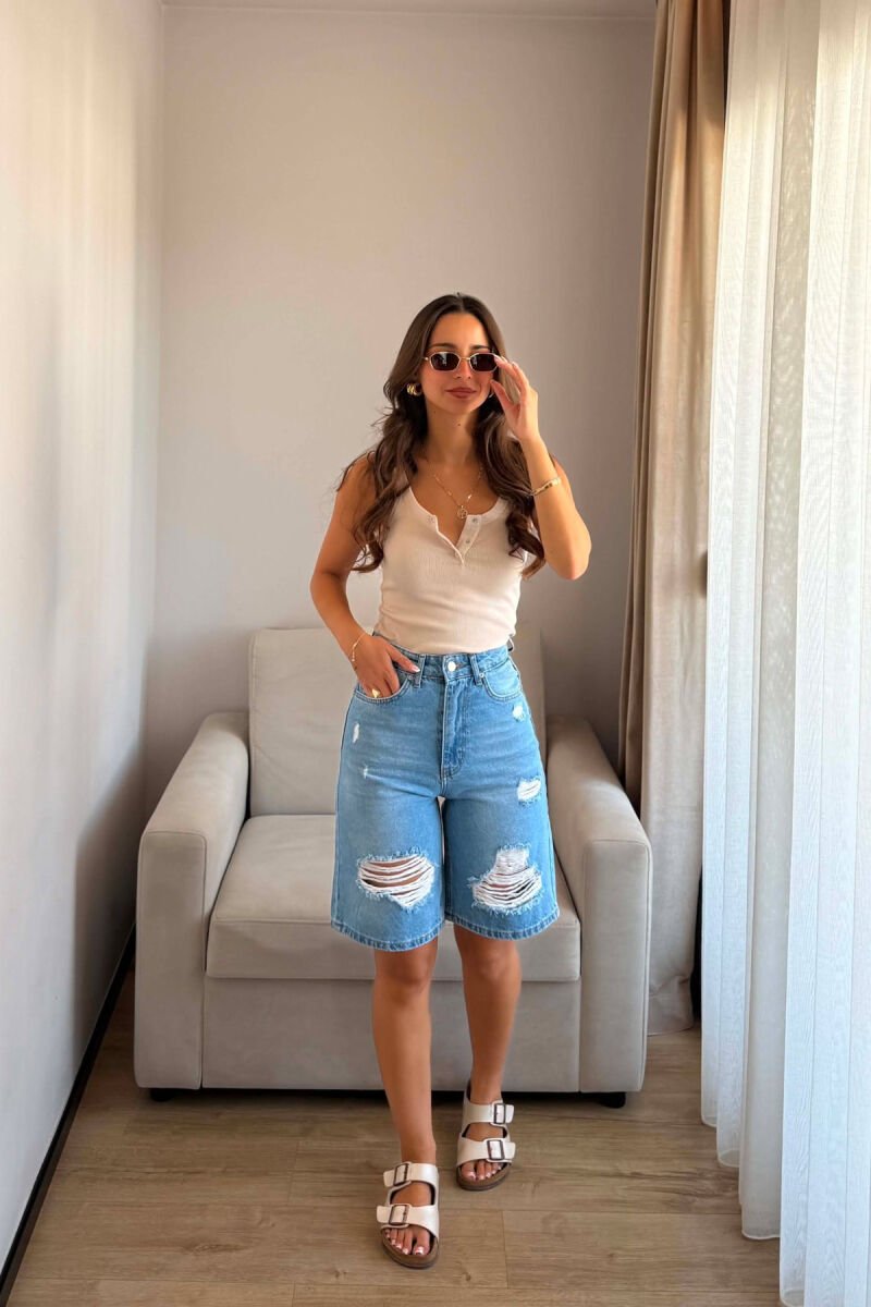 ONE COLOR RIPPED WOMAN SHORTS LIGHTBLUE/BZ - 1