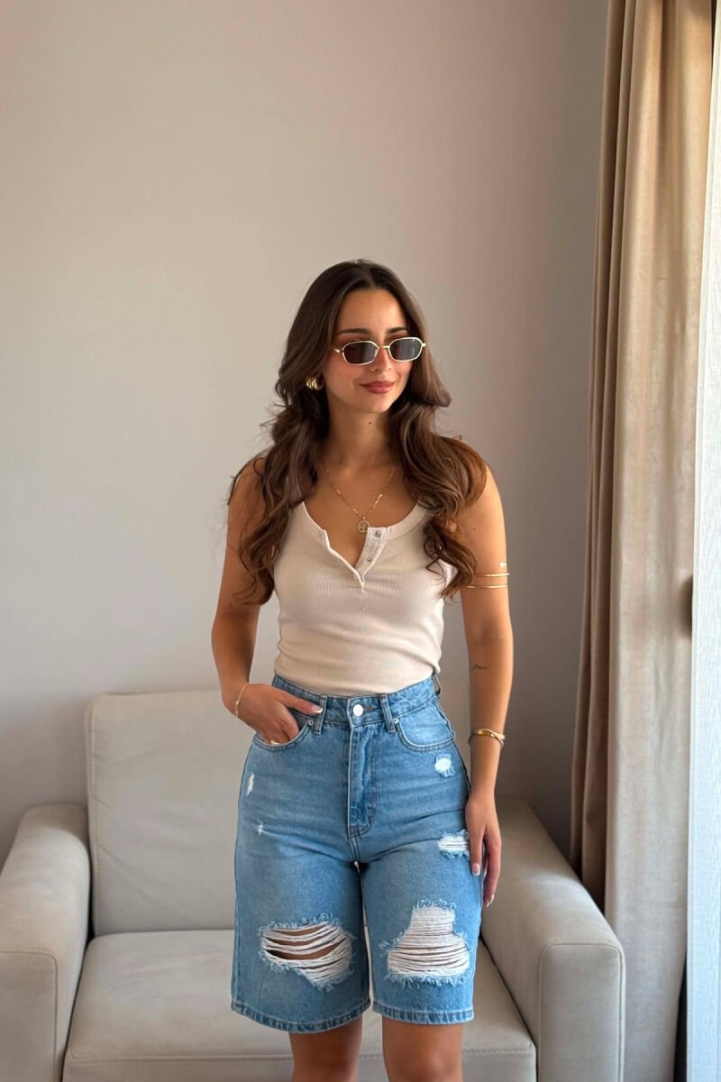 ONE COLOR RIPPED WOMAN SHORTS LIGHTBLUE/BZ - 2