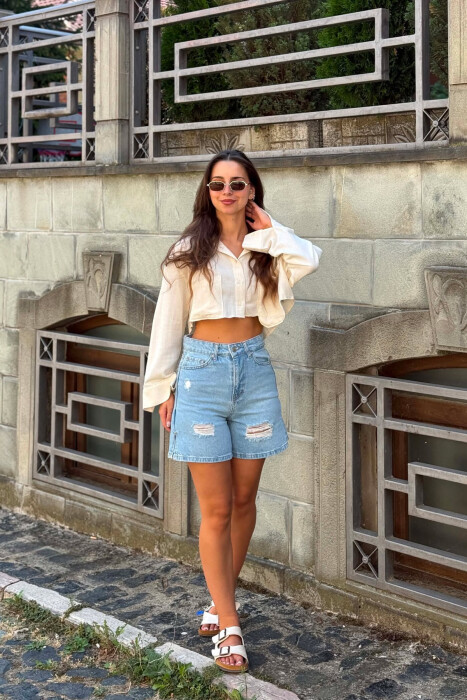 ONE COLOR RIPPED WOMAN SHORTS LIGHTBLUE/BZ - 1