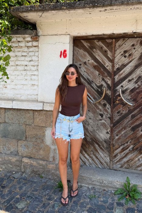 ONE COLOR RIPPED WOMAN SHORTS LIGHTBLUE/BZ - KLAUDIO FASHION