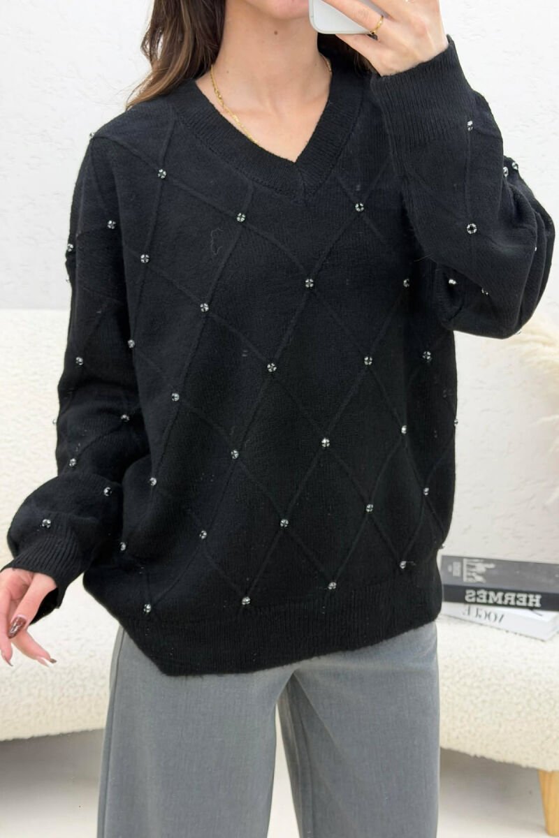 ONE COLOR RHOMBUS DESIGN STONE DETAILS WOMEN SWEATER BLACK/ E ZEZE - 2