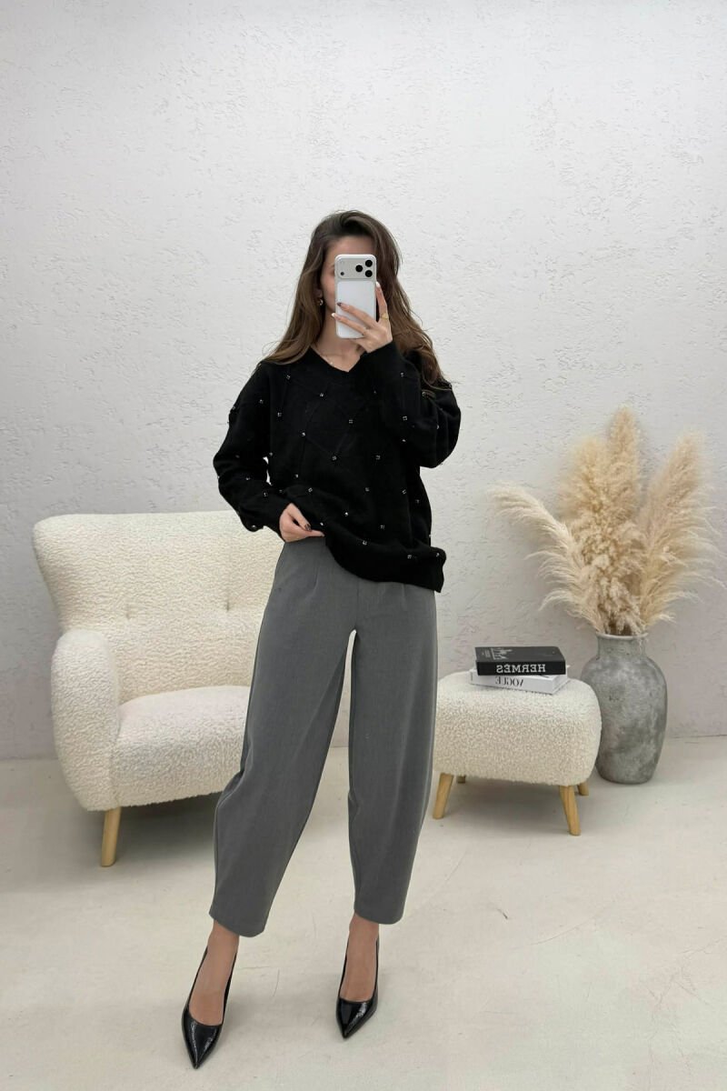 ONE COLOR RHOMBUS DESIGN STONE DETAILS WOMEN SWEATER BLACK/ E ZEZE - 3