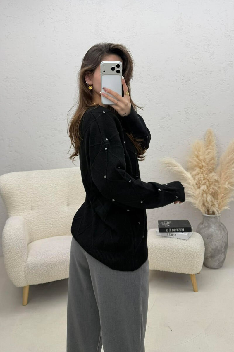 ONE COLOR RHOMBUS DESIGN STONE DETAILS WOMEN SWEATER BLACK/ E ZEZE - 4