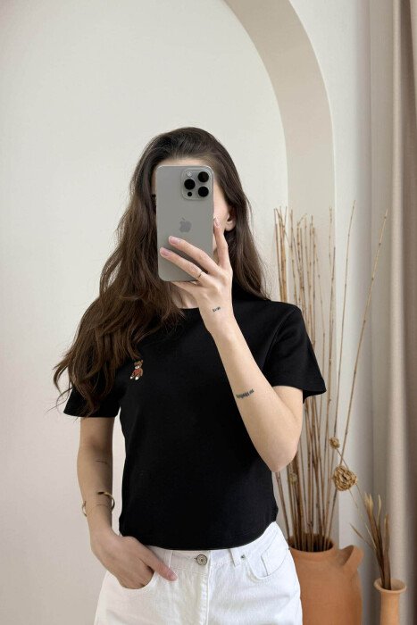 ONE COLOR ROUND NECK BEAR LOGO WOMEN T-SHIRT BLACK/ E ZEZE - 3