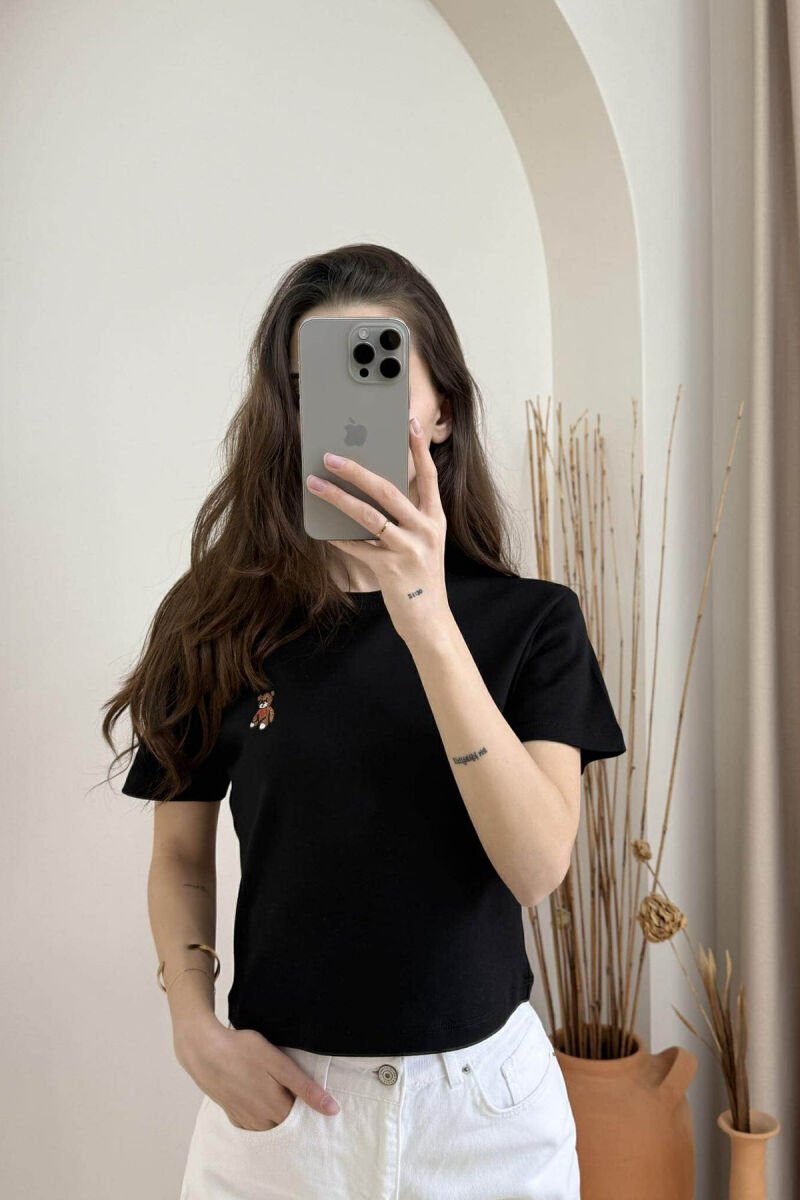 ONE COLOR ROUND NECK BEAR LOGO WOMEN T-SHIRT BLACK/ E ZEZE - 3
