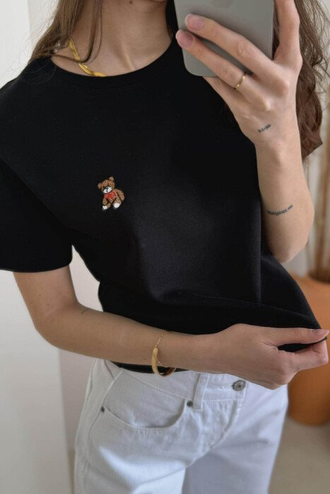 ONE COLOR ROUND NECK BEAR LOGO WOMEN T-SHIRT BLACK/ E ZEZE - 5