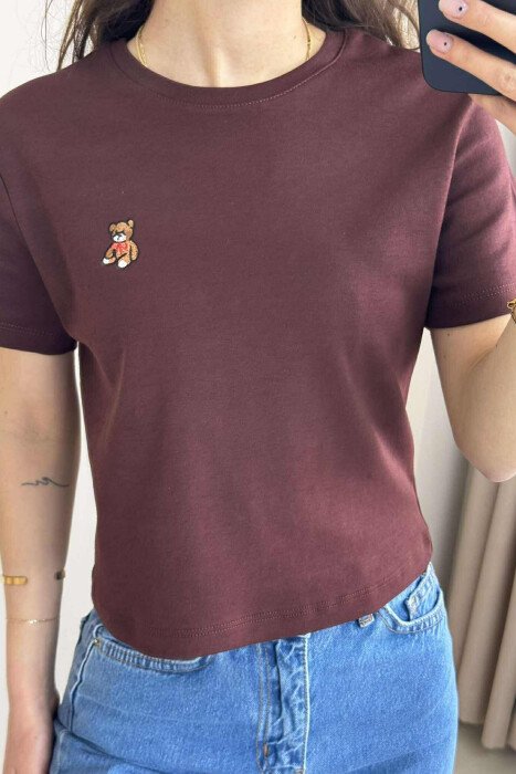 ONE COLOR ROUND NECK BEAR LOGO WOMEN T-SHIRT BROWN/KAFE - 2