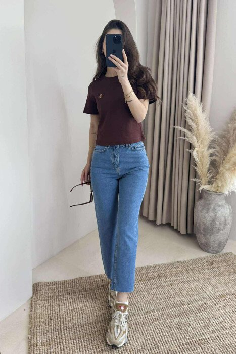 ONE COLOR ROUND NECK BEAR LOGO WOMEN T-SHIRT BROWN/KAFE - 1