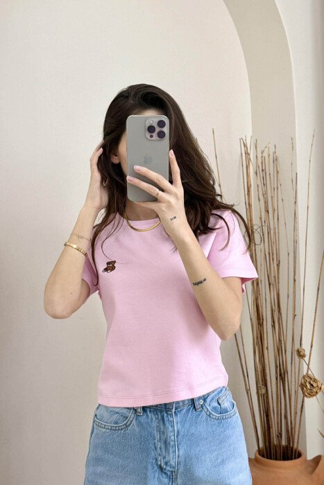 ONE COLOR ROUND NECK BEAR LOGO WOMEN T-SHIRT PINK/ROZE 