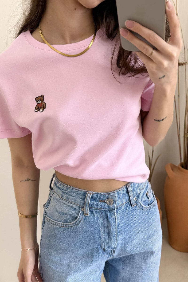 ONE COLOR ROUND NECK BEAR LOGO WOMEN T-SHIRT PINK/ROZE - 2