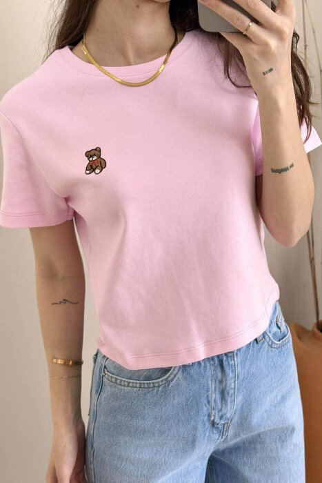 ONE COLOR ROUND NECK BEAR LOGO WOMEN T-SHIRT PINK/ROZE - 4