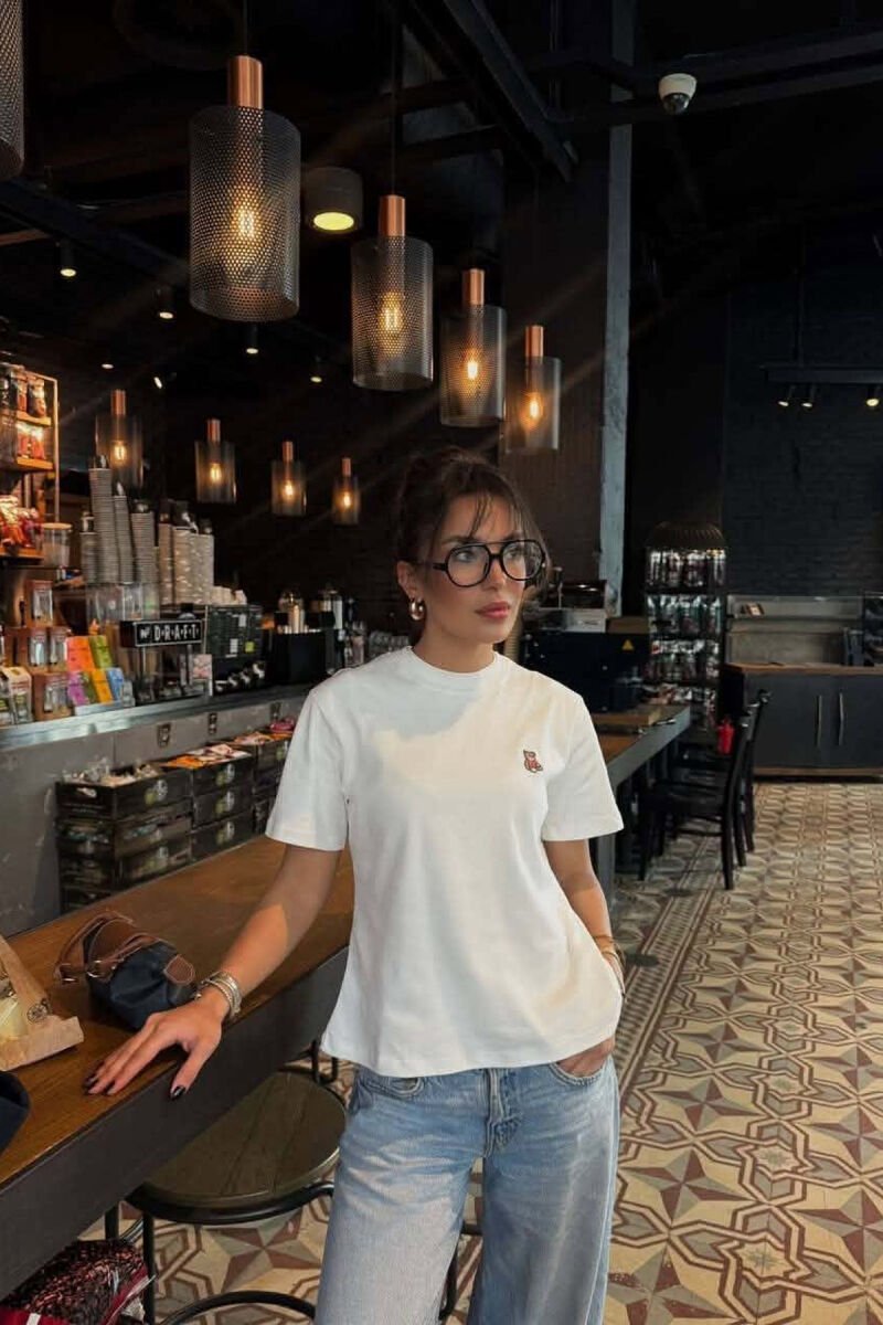 ONE COLOR ROUND NECK BEAR LOGO WOMEN T-SHIRT WHITE-E BARDHE - 4