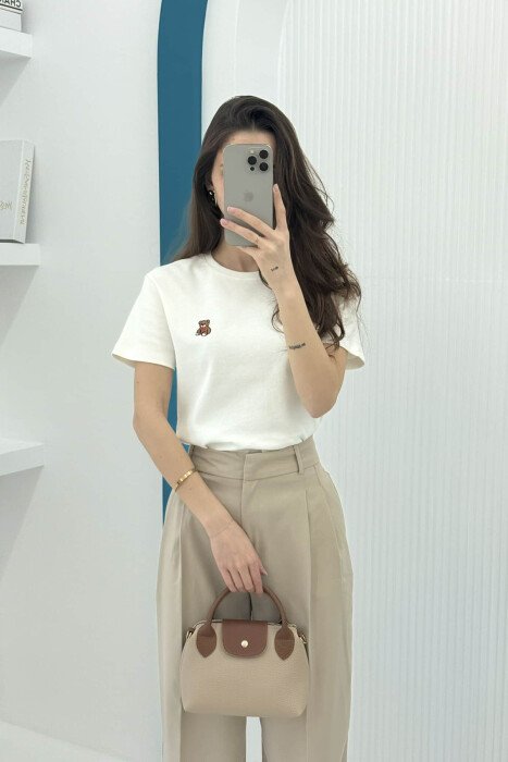 ONE COLOR ROUND NECK BEAR LOGO WOMEN T-SHIRT WHITE-E BARDHE 