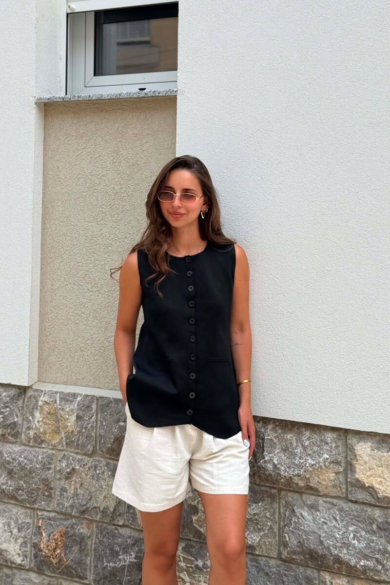 ONE COLOR ROUND NECK BUTTONED WOMAN VEST BLACK/ E ZEZE - 1