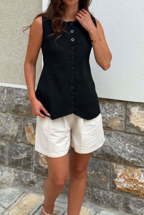 ONE COLOR ROUND NECK BUTTONED WOMAN VEST BLACK/ E ZEZE - 2