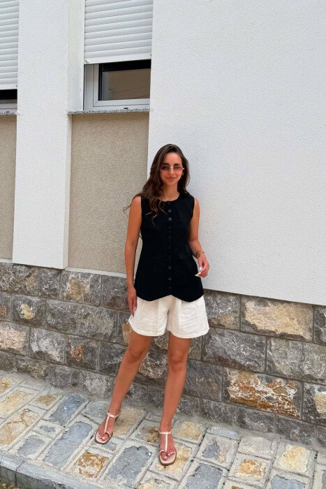 ONE COLOR ROUND NECK BUTTONED WOMAN VEST BLACK/ E ZEZE - 4