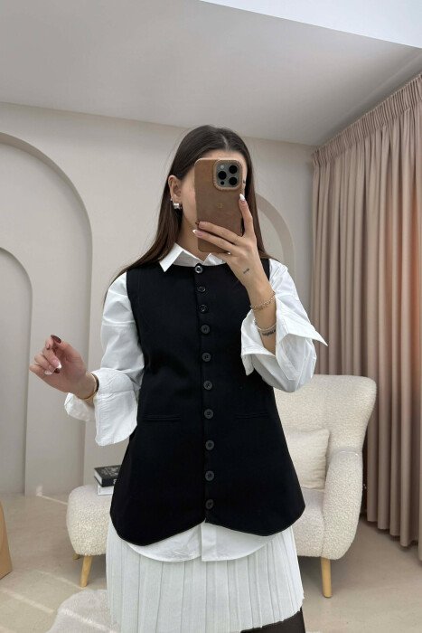 ONE COLOR ROUND NECK BUTTONED WOMAN VEST BLACK/ E ZEZE - KLAUDIO FASHION