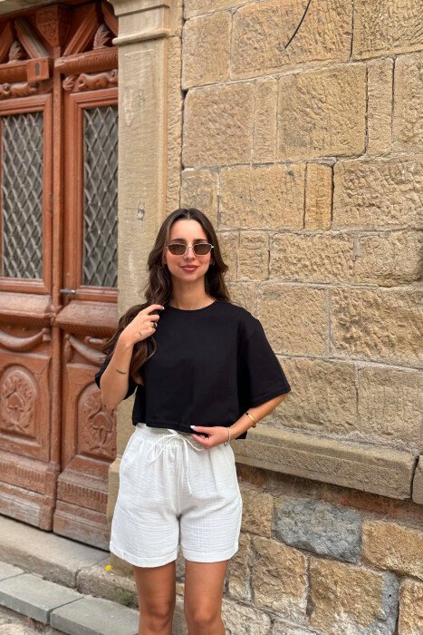 ONE COLOR ROUND NECK CROPPED WOMEN T-SHIRT BLACK/ E ZEZE - 2