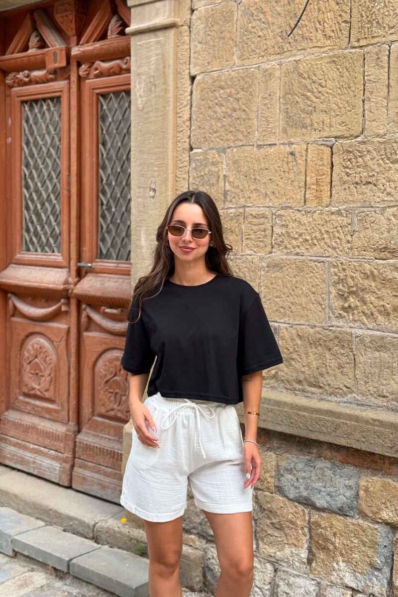 ONE COLOR ROUND NECK CROPPED WOMEN T-SHIRT BLACK/ E ZEZE - 5
