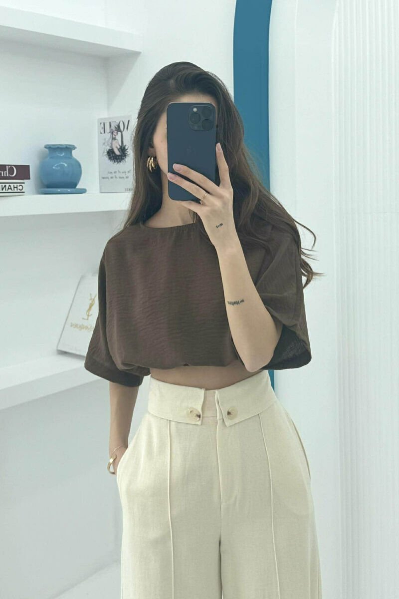 ONE COLOR ROUND NECK CROPPED WOMEN T-SHIRT BROWN/KAFE - 2