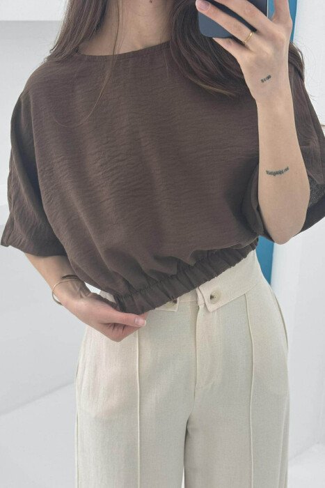 ONE COLOR ROUND NECK CROPPED WOMEN T-SHIRT BROWN/KAFE - 3
