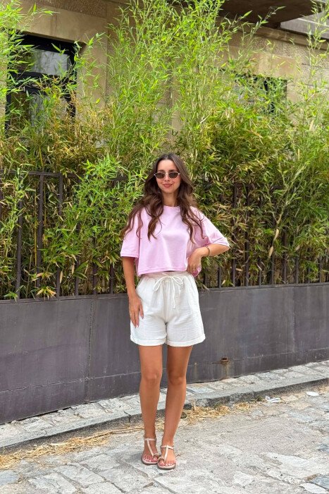 ONE COLOR ROUND NECK CROPPED WOMEN T-SHIRT PINK/ROZE - 5