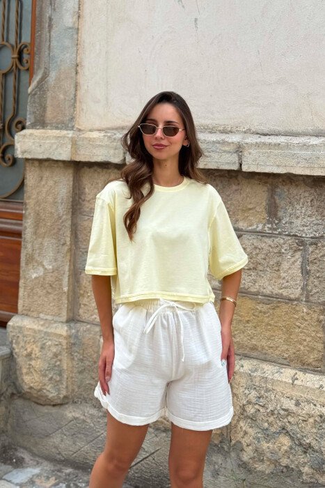 ONE COLOR ROUND NECK CROPPED WOMEN T-SHIRT YELLOW/E VERDHE - 2