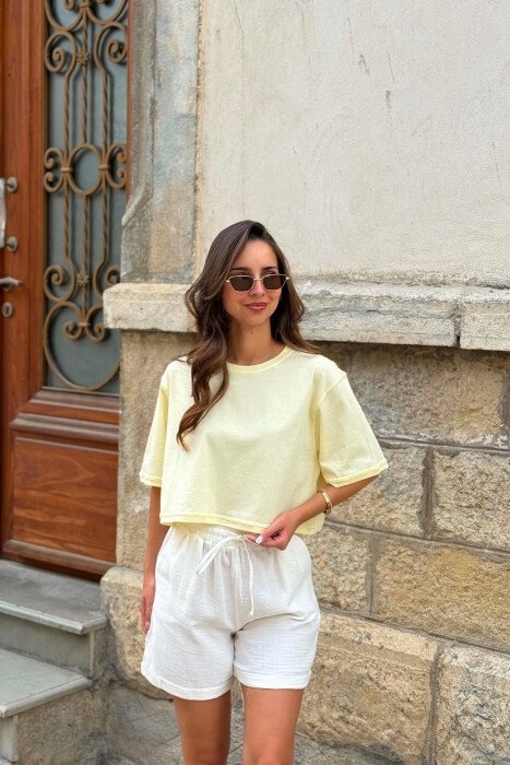 ONE COLOR ROUND NECK CROPPED WOMEN T-SHIRT YELLOW/E VERDHE - 3