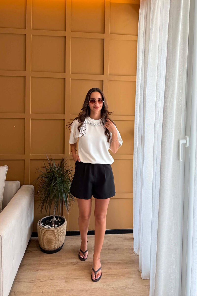 ONE COLOR ROUND NECK DETAIL WOMEN T-SHIRT WHITE-E BARDHE - 3