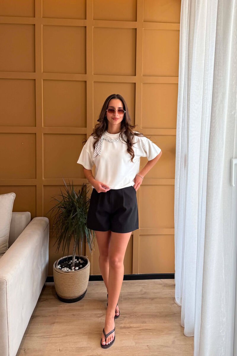 ONE COLOR ROUND NECK DETAIL WOMEN T-SHIRT WHITE-E BARDHE - 5