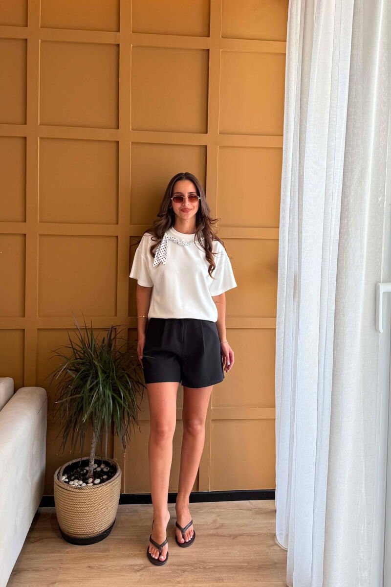 ONE COLOR ROUND NECK DETAIL WOMEN T-SHIRT WHITE-E BARDHE - 6