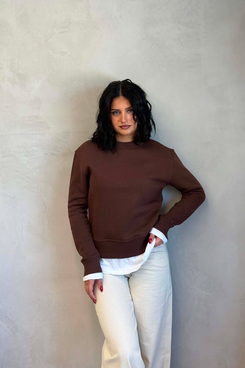 ONE COLOR ROUND NECK FLUFFY WOMAN SWEATSHIRT BROWN/KAFE - 1