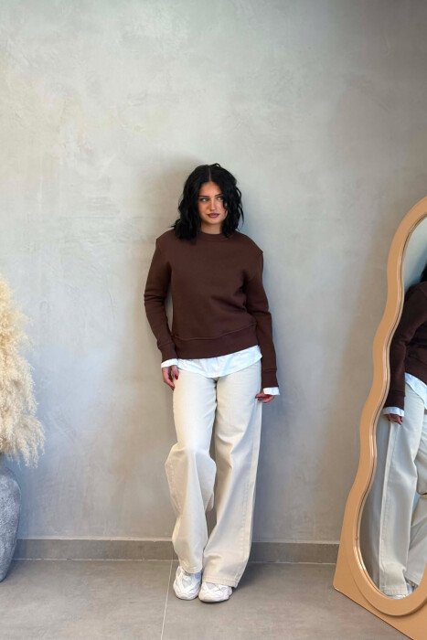 ONE COLOR ROUND NECK FLUFFY WOMAN SWEATSHIRT BROWN/KAFE - 3
