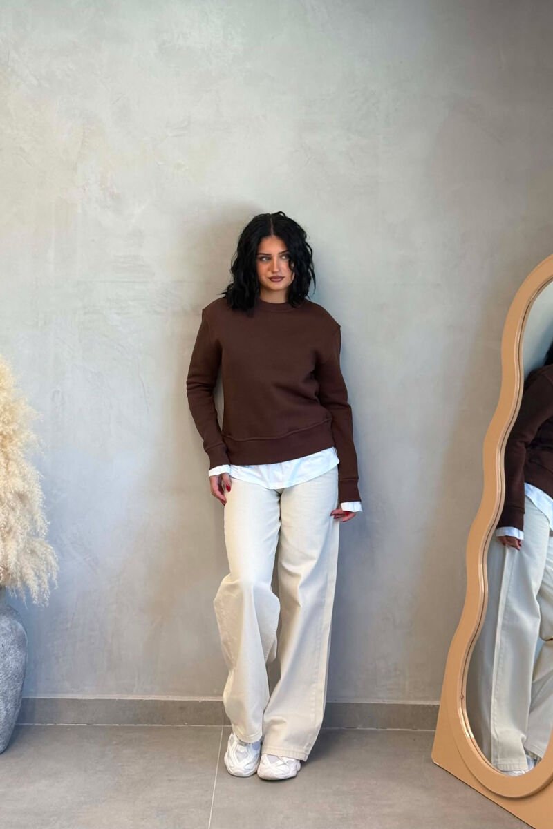 ONE COLOR ROUND NECK FLUFFY WOMAN SWEATSHIRT BROWN/KAFE - 3