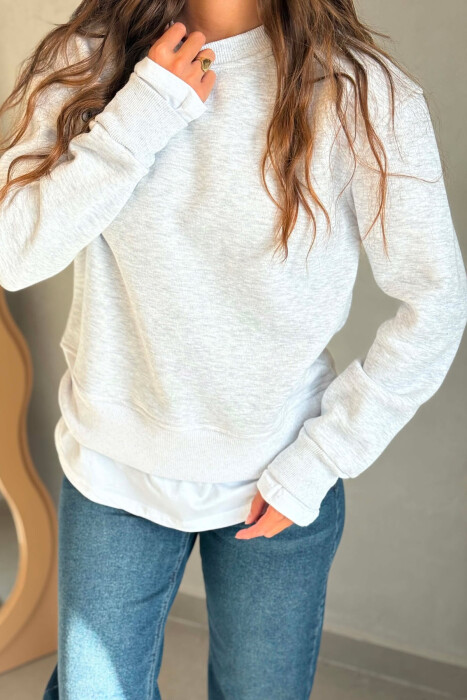 ONE COLOR ROUND NECK FLUFFY WOMAN SWEATSHIRT LIGHT GREY/GZ - 2