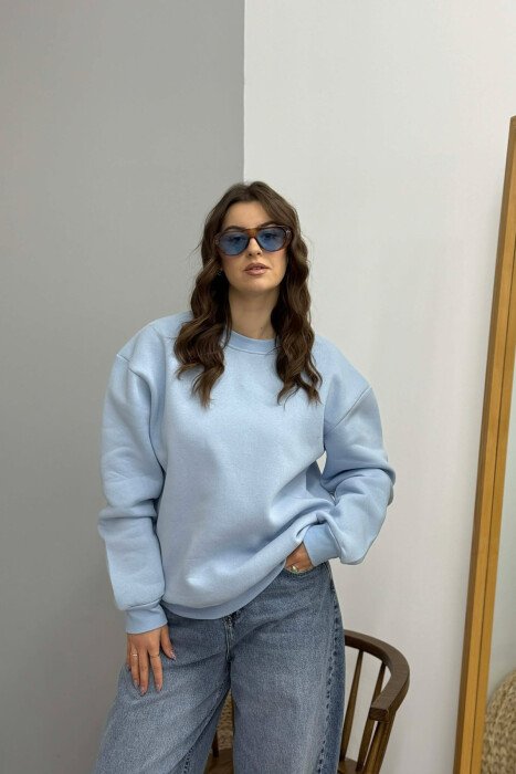 ONE COLOR ROUND NECK FLUFFY WOMEN SWEATSHIRT BABY BLUE/BLU BY 