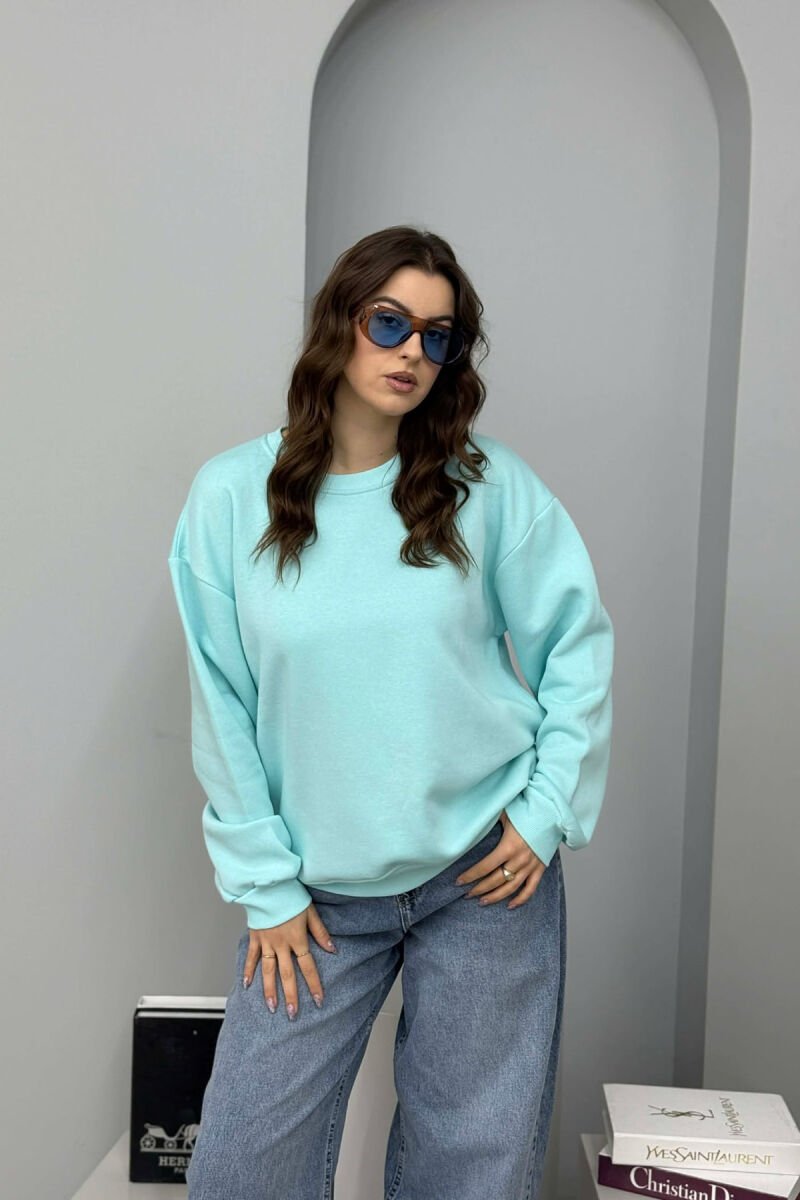 ONE COLOR ROUND NECK FLUFFY WOMEN SWEATSHIRT BLUE-MINT/BLME - 1
