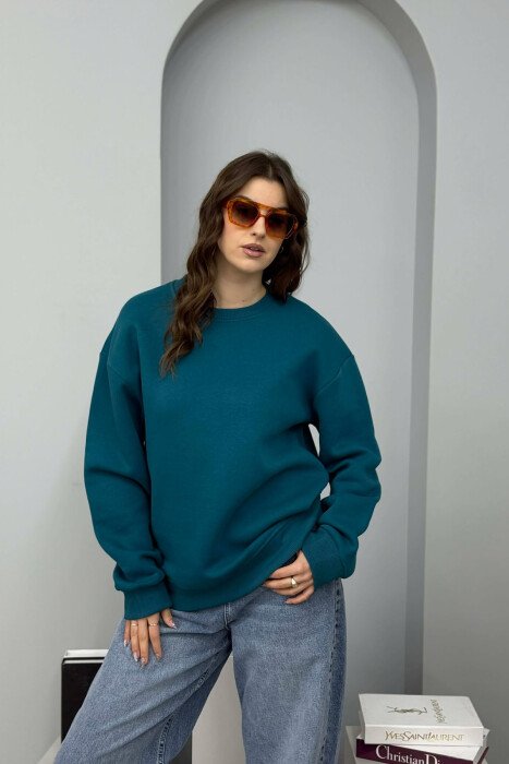 ONE COLOR ROUND NECK FLUFFY WOMEN SWEATSHIRT BLUE STONE/GK - KLAUDIO FASHION