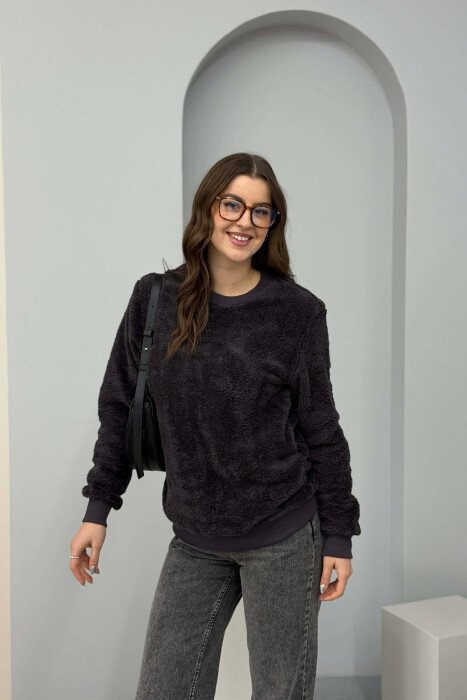 ONE COLOR ROUND NECK FLUFFY WOMEN SWEATSHIRT DARK GREY/GEE - 1