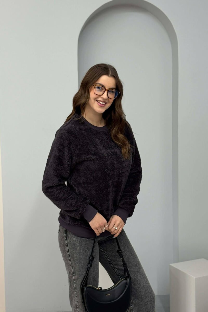 ONE COLOR ROUND NECK FLUFFY WOMEN SWEATSHIRT DARK GREY/GEE - 2