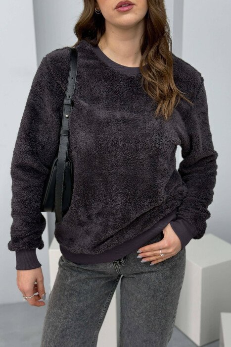 ONE COLOR ROUND NECK FLUFFY WOMEN SWEATSHIRT DARK GREY/GEE - 5