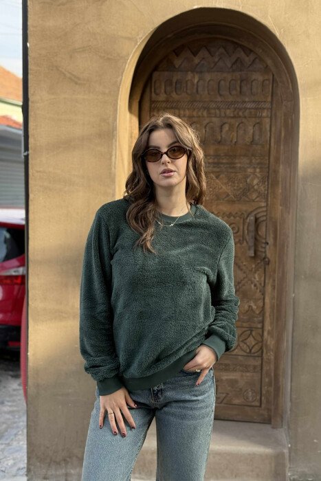 ONE COLOR ROUND NECK FLUFFY WOMEN SWEATSHIRT GREEN/JESHILE - 1