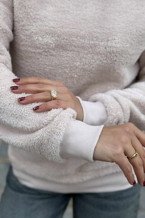 ONE COLOR ROUND NECK FLUFFY WOMEN SWEATSHIRT POWDER/PUDER - 5