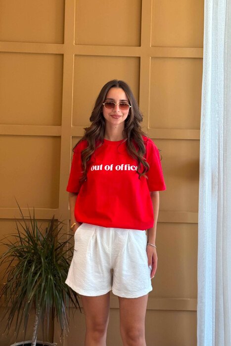 ONE COLOR ROUND NECK FRONT WRITTINGS WOMEN T-SHIRT RED/E KUQE - KLAUDIO FASHION