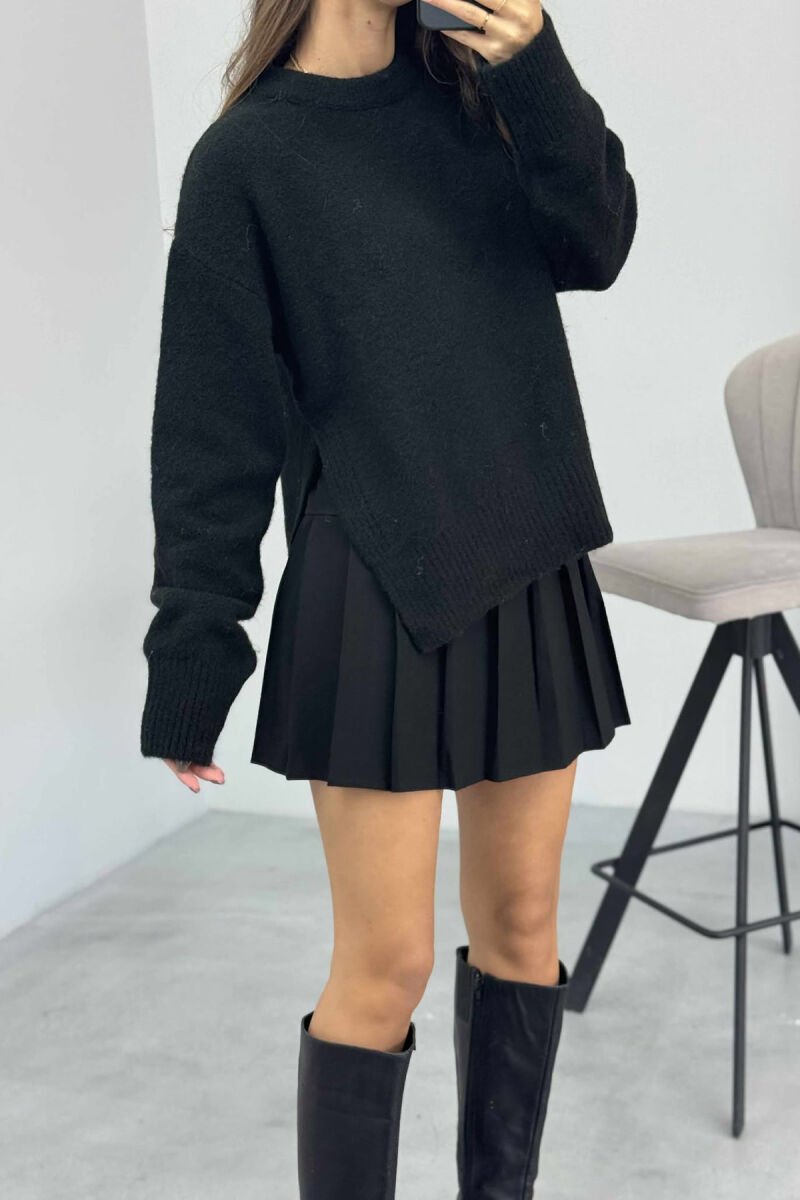 ONE COLOR ROUND NECK KNITTED WOMEN SWEATER BLACK/ E ZEZE - 4