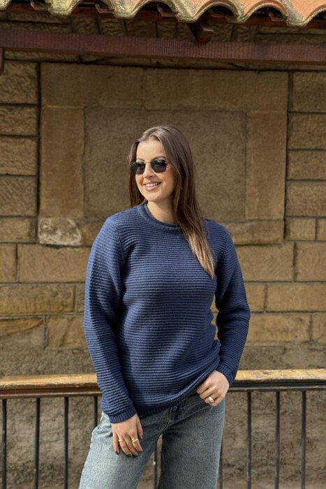 ONE COLOR ROUND NECK KNITTED WOMEN SWEATER BLUE/BLU - 2